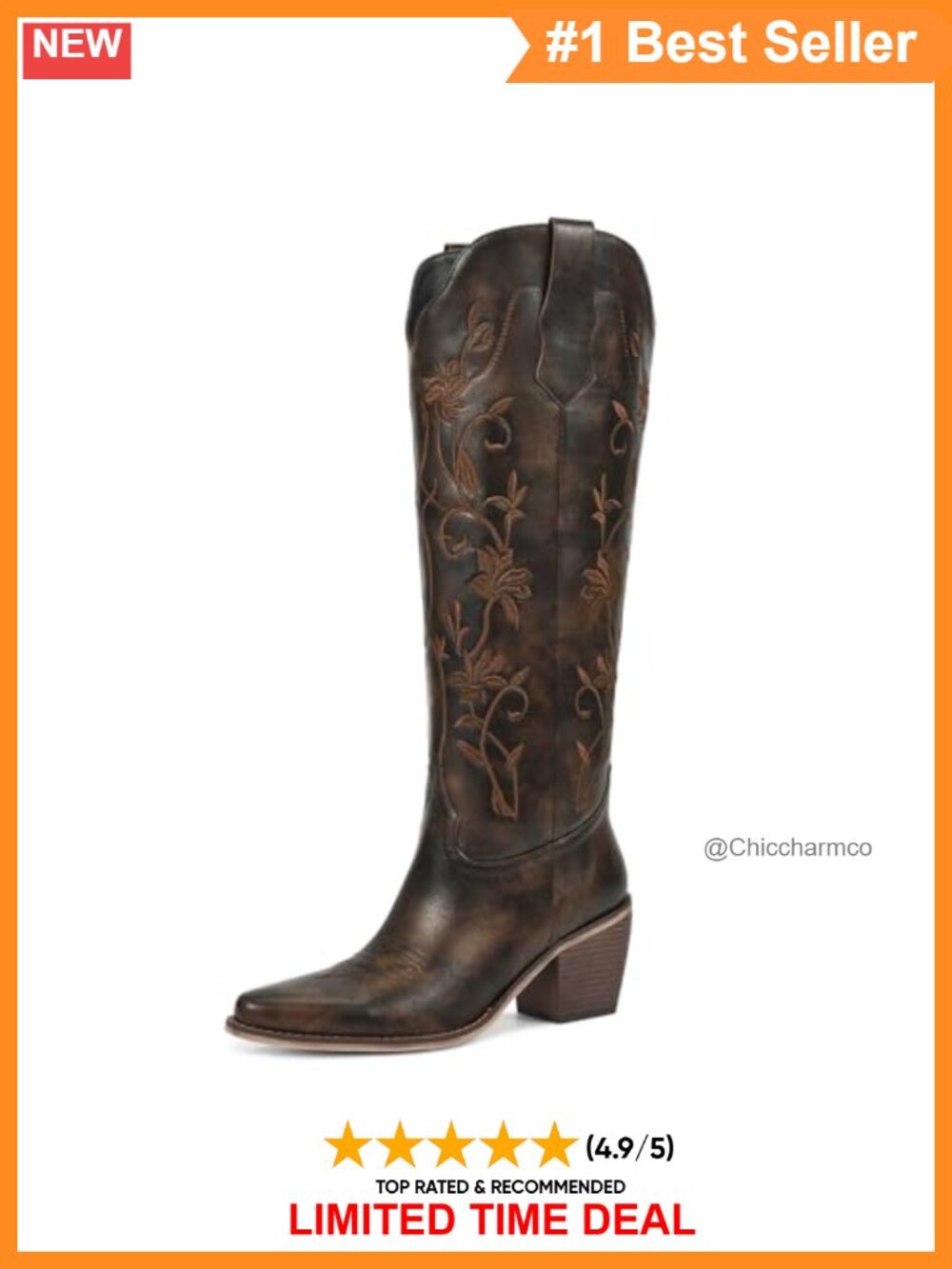 Wetkiss Cowboy Boots Knee High Pointed Toe 2.28" Block Heel Faux Leather